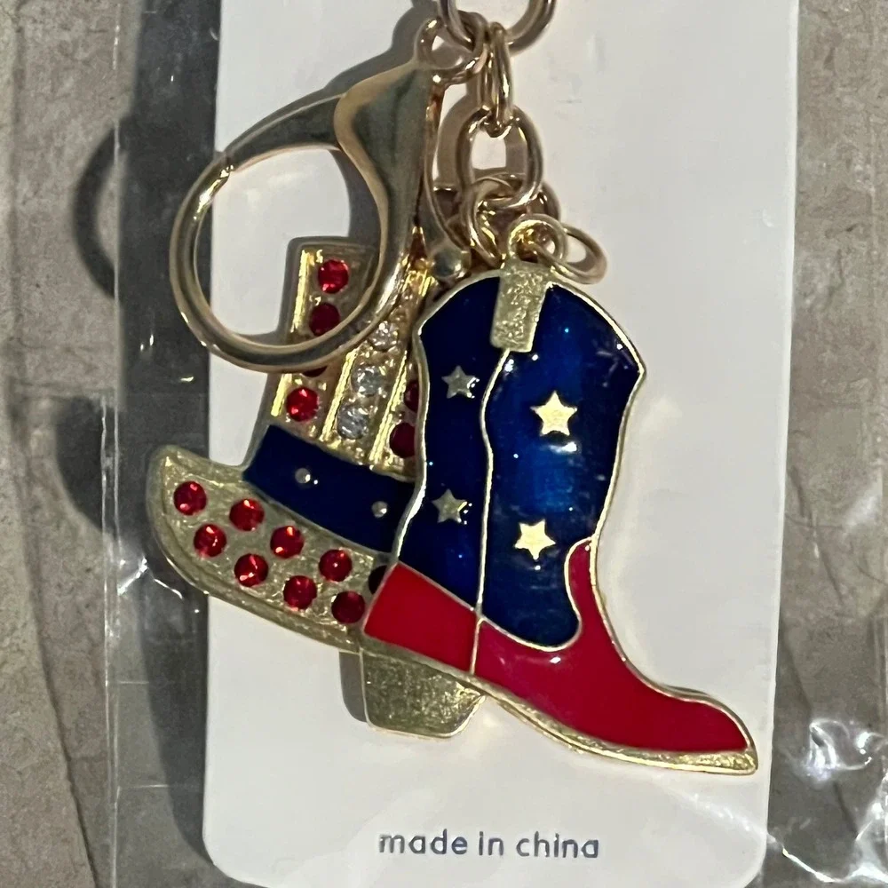 Mint Patriotic Keychain Red White Blue Rhinestone Cowboy Boot Hat Bag Charm